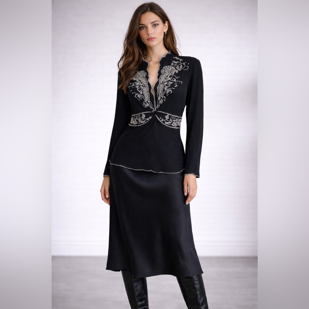 ECI New York - Black Silk Beaded Blouse - 6